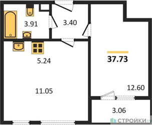 Планировка однокомнатной(квартира) площадью 37.73 квадратных метров в ЖК “Жилые кварталы Новое Пушкино”
