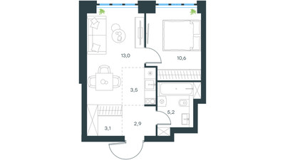 Планировка однокомнатной(квартира) площадью 38.3 квадратных метров в ЖК “ЖК Левел Южнопортовая”