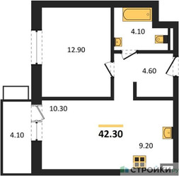 Планировка однокомнатной(квартира) площадью 42.3 квадратных метров в ЖК “ЖК Союзный”