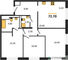 Планировка трехкомнатной(квартира) площадью 72.7 квадратных метров в “ЖК Заречье Парк”