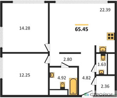 Планировка двухкомнатной(квартира) площадью 65.45 квадратных метров в “ЖК Headliner (Хедлайнер)”