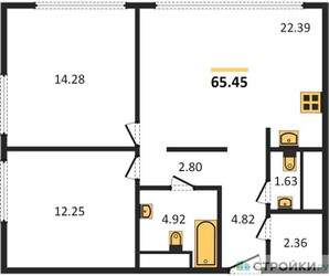 Планировка двухкомнатной(квартира) площадью 65.45 квадратных метров в ЖК “ЖК Headliner (Хедлайнер)”