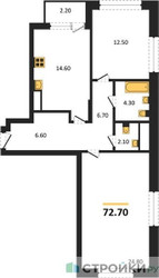 Планировка двухкомнатной(квартира) площадью 72.7 квадратных метров в ЖК “Квартал Филатов луг”