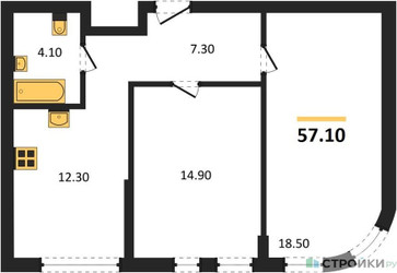 Планировка двухкомнатной(квартира) площадью 57.1 квадратных метров в ЖК “ЖК Шагал”