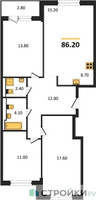 Планировка трехкомнатной(квартира) площадью 86.2 квадратных метров в “ЖК Заречье Парк”