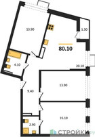Планировка трехкомнатной(квартира) площадью 80.1 квадратных метров в “ЖК Прокшино”