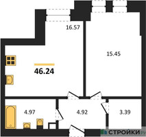 Планировка однокомнатной(квартира) площадью 46.24 квадратных метров в “ЖК Sezar City (Сезар Сити)”