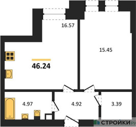 Планировка однокомнатной(квартира) площадью 46.24 квадратных метров в ЖК “ЖК Sezar City (Сезар Сити)”