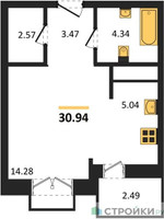 Планировка студии(квартира) площадью 30.95 квадратных метров в “ЖК ВОСТОК II”