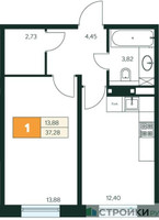 Планировка однокомнатной(квартира) площадью 37.28 квадратных метров в “Ласточкино”