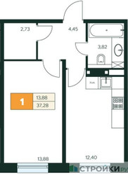 Планировка однокомнатной(квартира) площадью 37.28 квадратных метров в ЖК “Ласточкино”