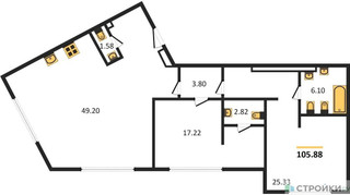Планировка двухкомнатной(квартира) площадью 106.5 квадратных метров в “ЖК CULT (Культ)”