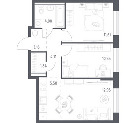 Планировка двухкомнатной(квартира) площадью 52.8 квадратных метров в ЖК “ЖК Квартал Авиаторов”