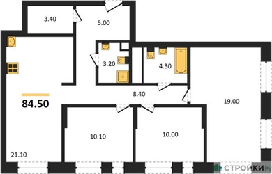 Планировка трехкомнатной(квартира) площадью 84.5 квадратных метров в ЖК “ЖК Первый Московский”