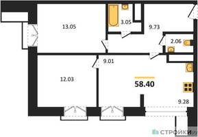 Планировка двухкомнатной(квартира) площадью 58.4 квадратных метров в ЖК “ЖК TWICE”