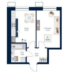 Планировка однокомнатной(квартира) площадью 34.62 квадратных метров в ЖК “ЖК Бархат”