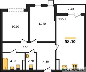 Планировка двухкомнатной(квартира) площадью 58.4 квадратных метров в ЖК “ЖК Деснаречье”