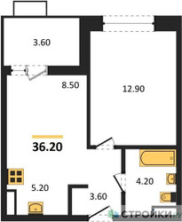 Планировка однокомнатной(квартира) площадью 36.2 квадратных метров в ЖК “ЖК Бунинские кварталы”