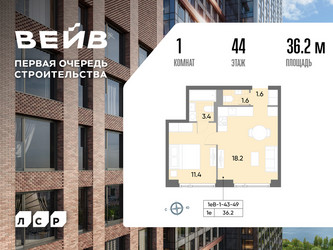 Планировка однокомнатной(квартира) площадью 36.4 квадратных метров в ЖК “ЖК Вейв”