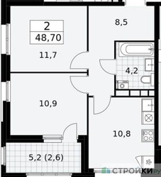 Планировка двухкомнатной(квартира) площадью 48.7 квадратных метров в ЖК “ЖК Дзен-кварталы”