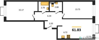 Планировка двухкомнатной(квартира) площадью 61.83 квадратных метров в “ЖК Новое Видное”