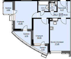 Планировка двухкомнатной(квартира) площадью 60 квадратных метров в “ЖК Соболевка”