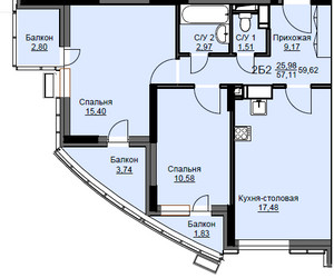 Планировка двухкомнатной(квартира) площадью 60 квадратных метров в ЖК “ЖК Соболевка”