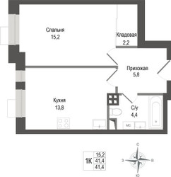 Планировка однокомнатной(квартира) площадью 41.4 квадратных метров в ЖК “ЖК КИНОКВАРТАЛ”