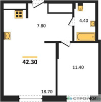 Планировка однокомнатной(квартира) площадью 42 квадратных метров в “Жилой район Alia (Алиа)”