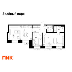 Планировка двухкомнатной(квартира) площадью 68.2 квадратных метров в ЖК “ЖК Зеленый парк”