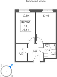 Планировка однокомнатной(апартаменты) площадью 38.54 квадратных метров в ЖК “ЖК Волковская 67”