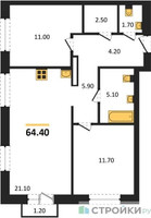 Планировка двухкомнатной(квартира) площадью 64.4 квадратных метров в “ЖК Квартал Метроном”