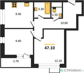 Планировка двухкомнатной(квартира) площадью 47.1 квадратных метров в ЖК “ЖК Родные кварталы”