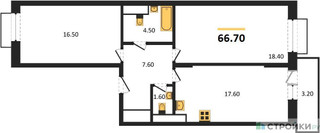 Планировка двухкомнатной(квартира) площадью 66.7 квадратных метров в “ЖК Пироговская Ривьера”