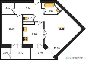 Планировка двухкомнатной(квартира) площадью 58.3 квадратных метров в “ЖК Три квартала”