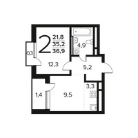 Планировка двухкомнатной(квартира) площадью 36.9 квадратных метров в “Новые Ватутинки. Заречный”