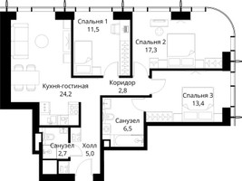 Планировка трехкомнатной(квартира) площадью 83.4 квадратных метров в “ЖК Сити Бэй”