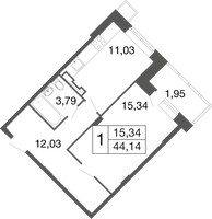 Планировка однокомнатной(квартира) площадью 44.14 квадратных метров в “ЖК Времена года”