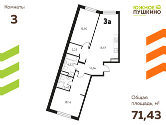 Планировка трехкомнатной(квартира) площадью 71.43 квадратных метров в ЖК “ЖК Южное Пушкино”