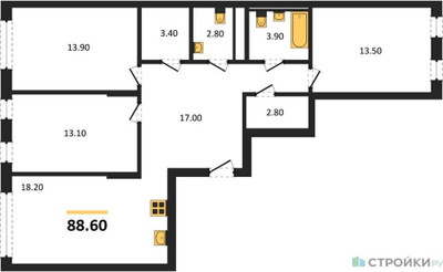Планировка трехкомнатной(квартира) площадью 88.6 квадратных метров в ЖК “ЖК Переделкино Ближнее”