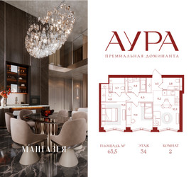 Планировка двухкомнатной(квартира) площадью 63.5 квадратных метров в ЖК “ЖК АУРА”