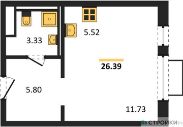 Планировка студии(квартира) площадью 26.39 квадратных метров в ЖК “ЖК Новое Видное”