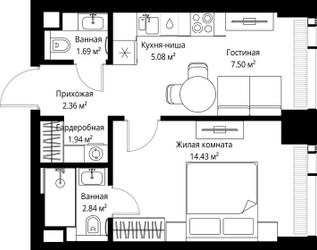 Планировка однокомнатной(квартира) площадью 35.84 квадратных метров в ЖК “ЖК Веер”