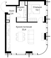 Планировка однокомнатной(квартира) площадью 52.1 квадратных метров в “ЖК Сити Бэй”