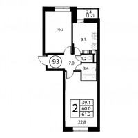 Планировка двухкомнатной(квартира) площадью 61.2 квадратных метров в “ЖК Космос”