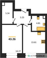 Планировка однокомнатной(квартира) площадью 43.26 квадратных метров в “ЖК Sezar City (Сезар Сити)”