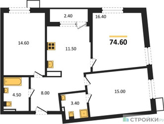 Планировка трехкомнатной(квартира) площадью 74.6 квадратных метров в ЖК “ЖК Деснаречье”