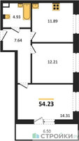 Планировка двухкомнатной(квартира) площадью 54.23 квадратных метров в “Жилые кварталы Новое Пушкино”