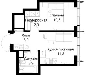 Планировка однокомнатной(квартира) площадью 33.9 квадратных метров в ЖК “ЖК Сити Бэй”