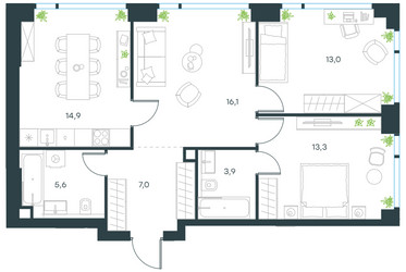 Планировка трехкомнатной(квартира) площадью 76.6 квадратных метров в ЖК “ЖК Level Мичуринский”